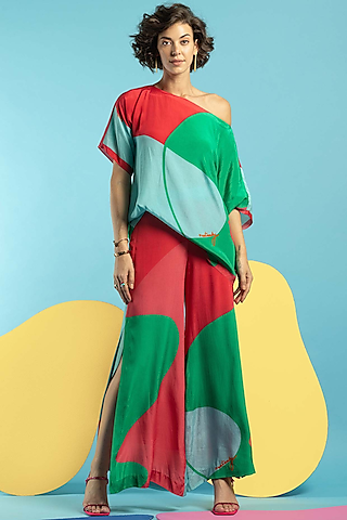 Multi-Colored Natural Crepe Slitted Pant Set by Nautanky By Nilesh Parashar