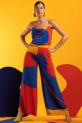 Multi-Colored Natural Crepe Wide-Leg Pant Set by Nautanky By Nilesh Parashar