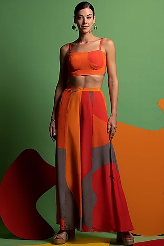 Multi-Colored Wide-Leg Pant Set In Natural Crepe by Nautanky By Nilesh Parashar