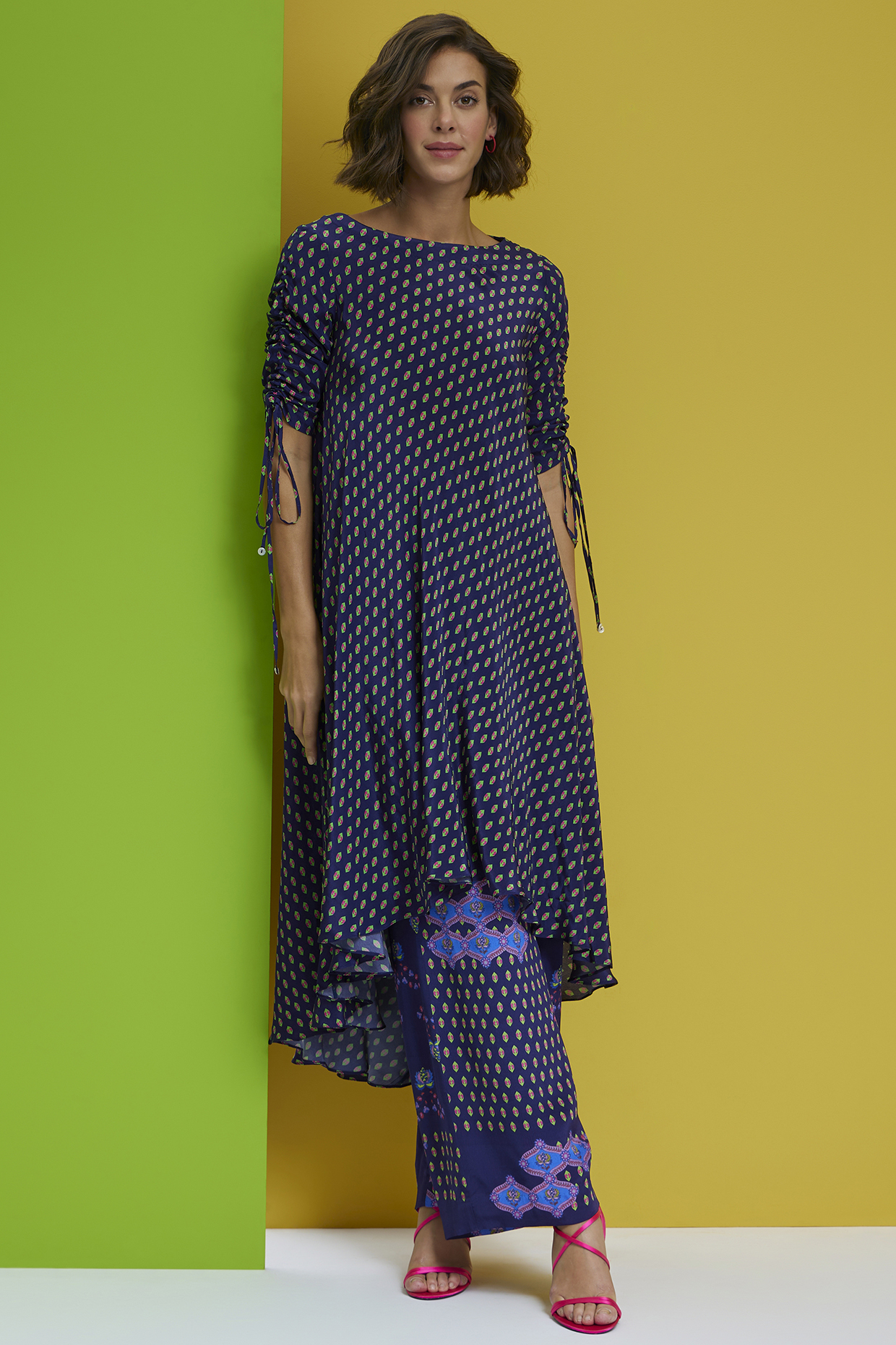 Navy Blue Natural Crepe Asymmetric Tunic Set by Nautanky By Nilesh Parashar at Pernia's Pop Up Shop