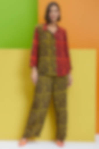 Olive Green & Rust Red Natural Crepe Printed Co-Ord Set by Nautanky By Nilesh Parashar at Pernia's Pop Up Shop