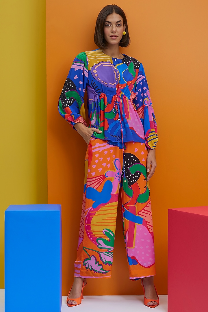 Electric Blue & Orange Natural Crepe Co-Ord Set by Nautanky By Nilesh Parashar at Pernia's Pop Up Shop