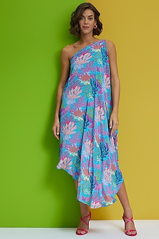 Coral Blue Natural Crepe Draped Midi Dress by Nautanky By Nilesh Parashar