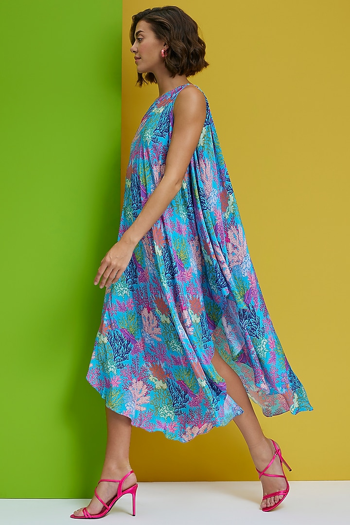 Coral Blue Natural Crepe Draped Midi Summer Dress by Nautanky By Nilesh Parashar at Pernia's Pop Up Shop