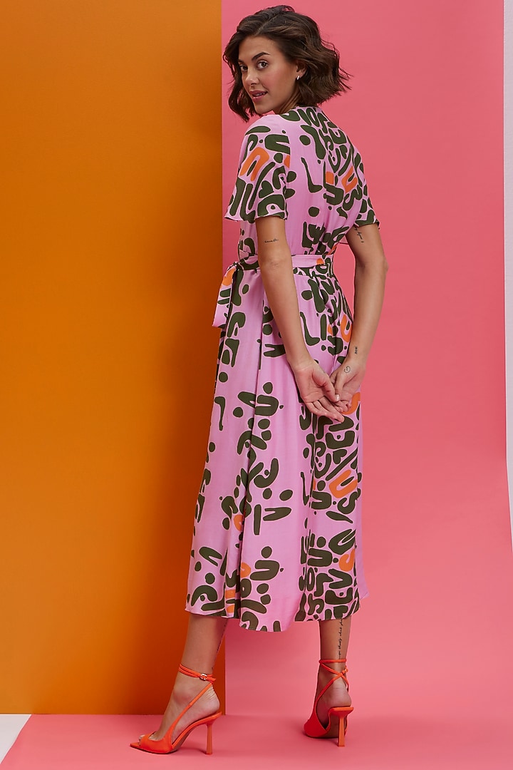 Blossom Pink Natural Crepe Midi Wrap Vacation Dress by Nautanky By Nilesh Parashar at Pernia's Pop Up Shop
