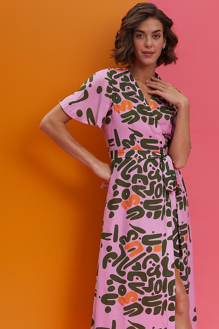 Blossom Pink Natural Crepe Midi Wrap Vacation Dress by Nautanky By Nilesh Parashar at Pernia's Pop Up Shop