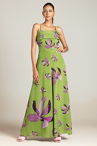 Green & Purple Natural Crepe Corset Jumpsuit by Nautanky By Nilesh Parashar