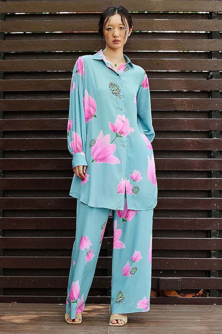 Sky Blue & Pink Natural Crepe Co-Ord Set by Nautanky By Nilesh Parashar at Pernia's Pop Up Shop