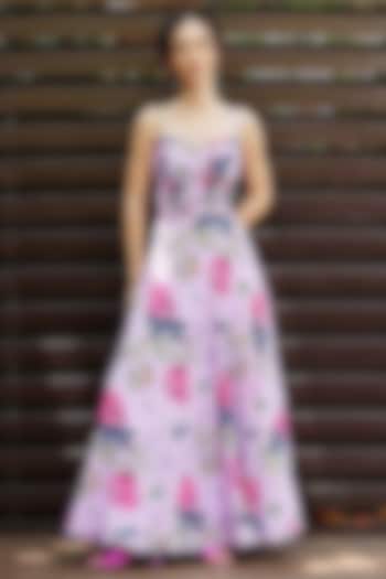 Lilac Natural Crepe Corset Flared Maxi Vacation Dress by Nautanky By Nilesh Parashar at Pernia's Pop Up Shop