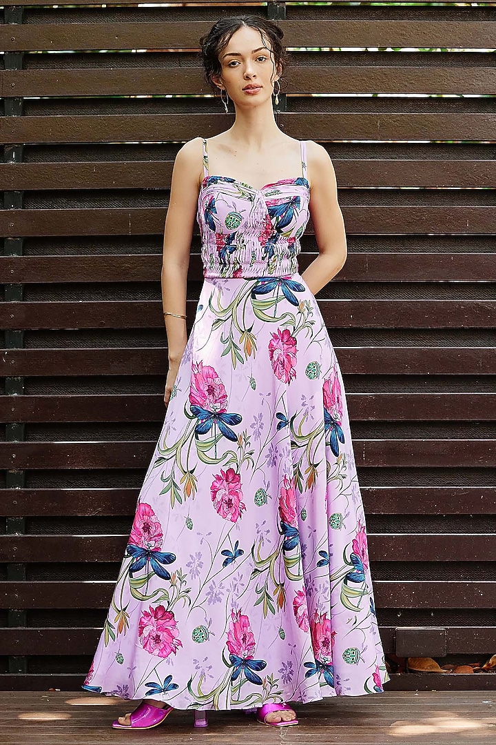 Lilac Natural Crepe Corset Flared Maxi Vacation Dress by Nautanky By Nilesh Parashar at Pernia's Pop Up Shop