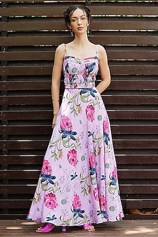 Lilac Natural Crepe Corset Flared Maxi Dress by Nautanky By Nilesh Parashar