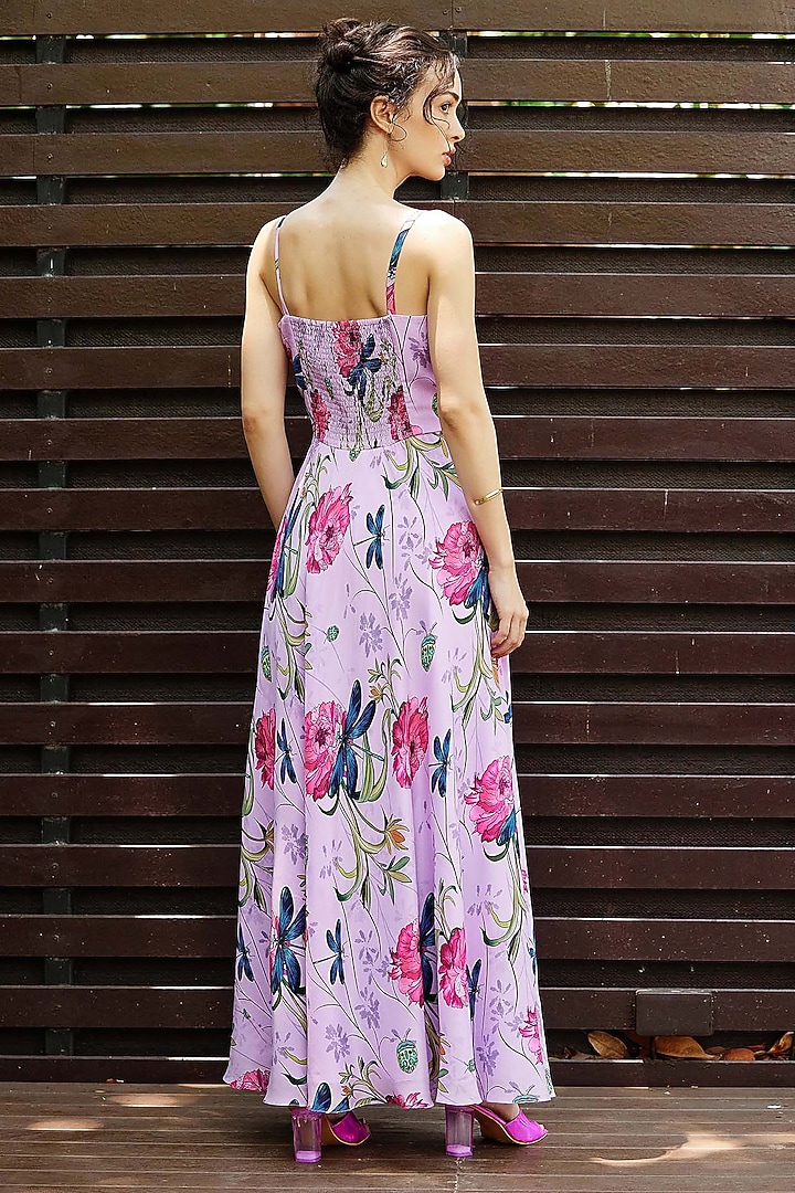 Lilac Natural Crepe Corset Flared Maxi Vacation Dress by Nautanky By Nilesh Parashar at Pernia's Pop Up Shop