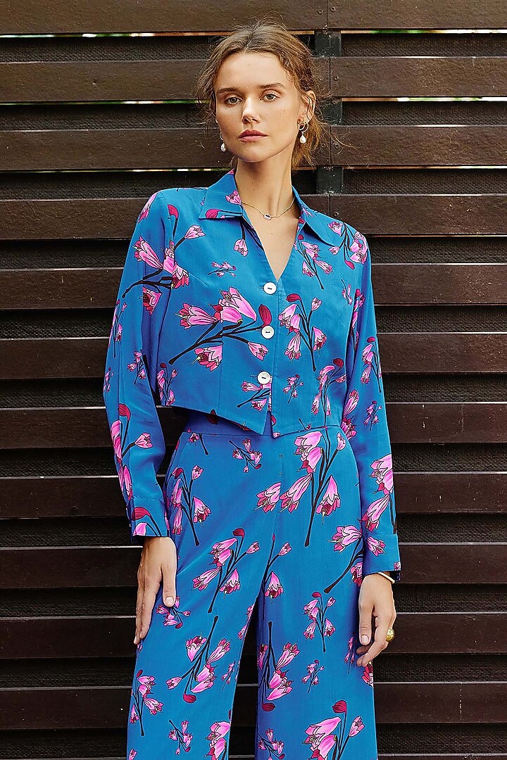 Teal Blue & Pink Natural Crepe Co-Ord Set by Nautanky By Nilesh Parashar at Pernia's Pop Up Shop