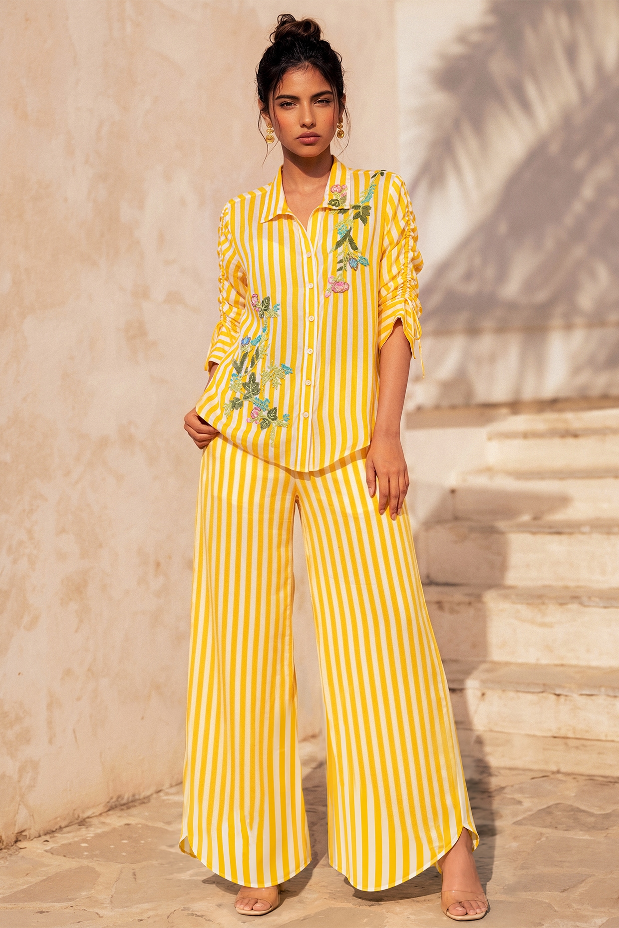 Nautanky By Nilesh Parashar Yellow & White Crepe Floral Embroidered Striped Co-Ord Set
