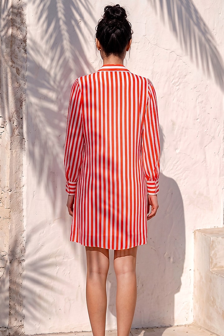 Red & White Crepe Floral Embroidered Striped Vacation Dress by Nautanky By Nilesh Parashar at Pernia's Pop Up Shop