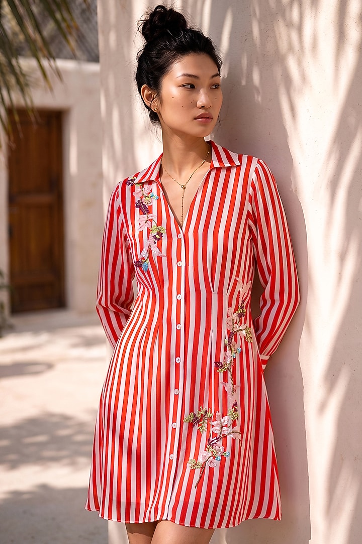 Red & White Crepe Floral Embroidered Striped Vacation Dress by Nautanky By Nilesh Parashar at Pernia's Pop Up Shop