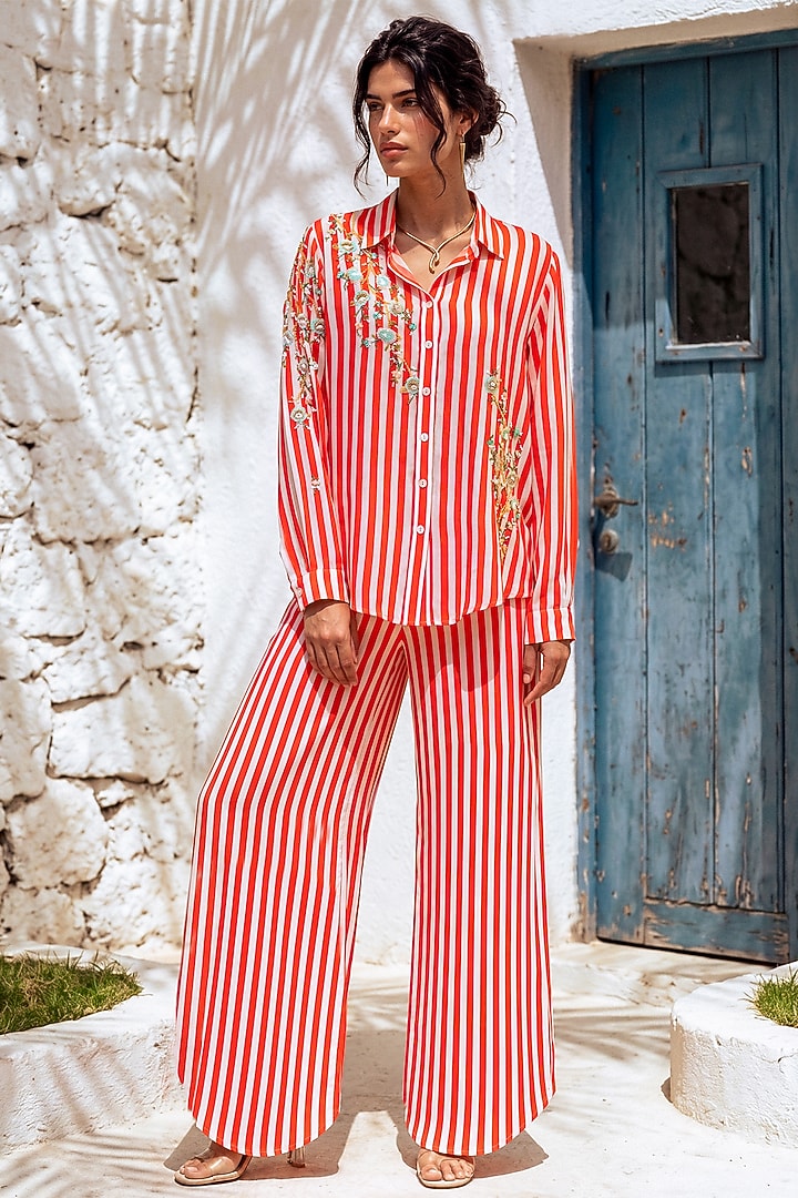 Red & White Crepe Embroidered Striped Co-Ord Set by Nautanky By Nilesh Parashar at Pernia's Pop Up Shop