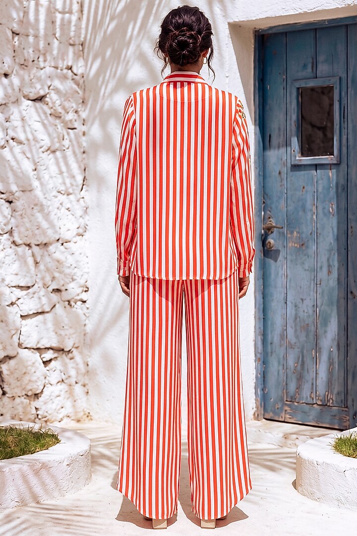 Red & White Crepe Embroidered Striped Co-Ord Set by Nautanky By Nilesh Parashar at Pernia's Pop Up Shop