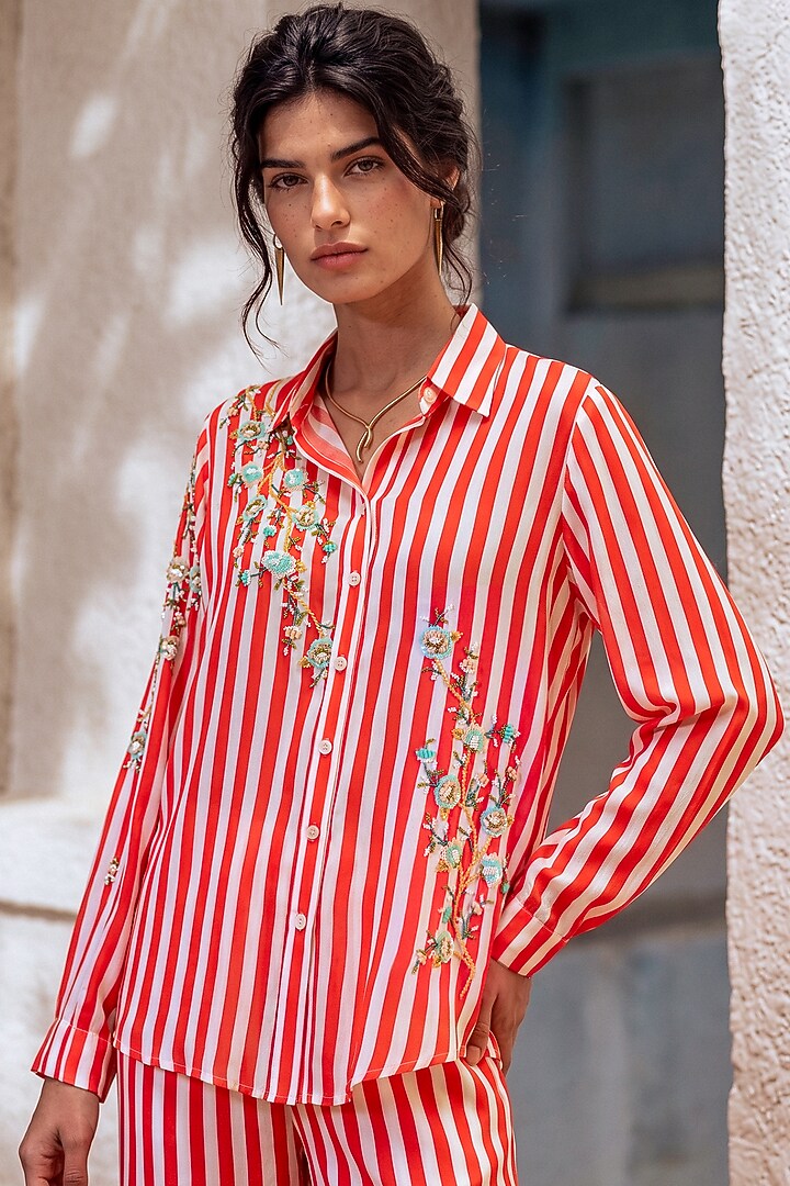 Red & White Crepe Embroidered Striped Co-Ord Set by Nautanky By Nilesh Parashar at Pernia's Pop Up Shop