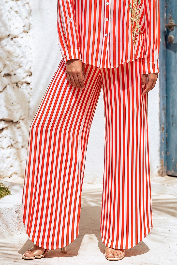 Red & White Crepe Embroidered Striped Co-Ord Set by Nautanky By Nilesh Parashar at Pernia's Pop Up Shop