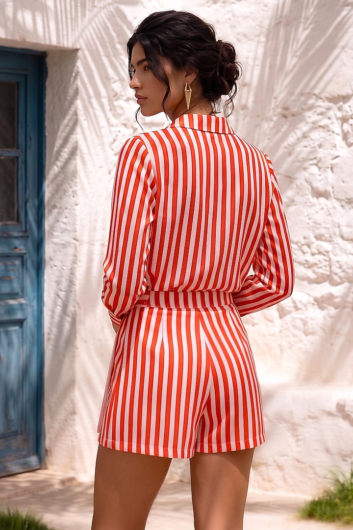 Red & White Crepe Floral Embroidered Striped Vacation Shirt Dress by Nautanky By Nilesh Parashar at Pernia's Pop Up Shop