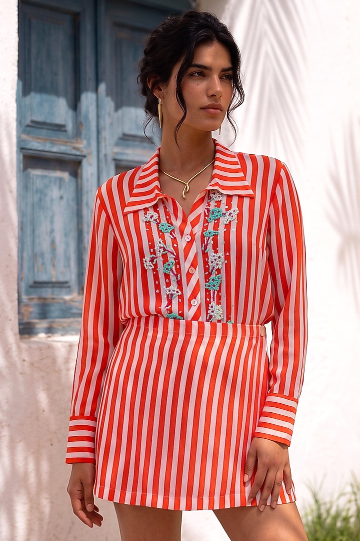 Red & White Crepe Floral Embroidered Striped Vacation Shirt Dress by Nautanky By Nilesh Parashar at Pernia's Pop Up Shop