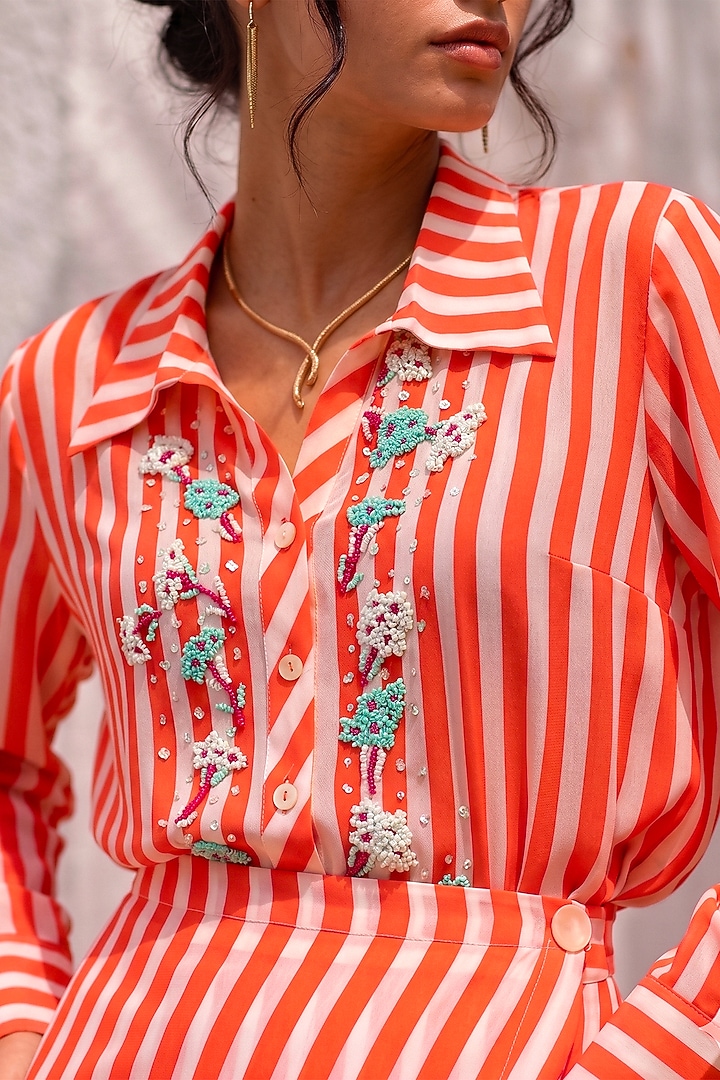 Red & White Crepe Floral Embroidered Striped Vacation Shirt Dress by Nautanky By Nilesh Parashar at Pernia's Pop Up Shop
