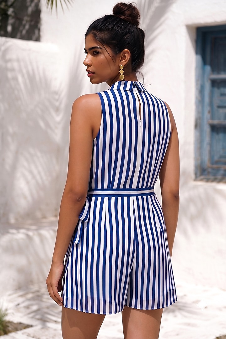 Blue & White Crepe Floral Embroidered Striped Shirt Playsuit by Nautanky By Nilesh Parashar at Pernia's Pop Up Shop
