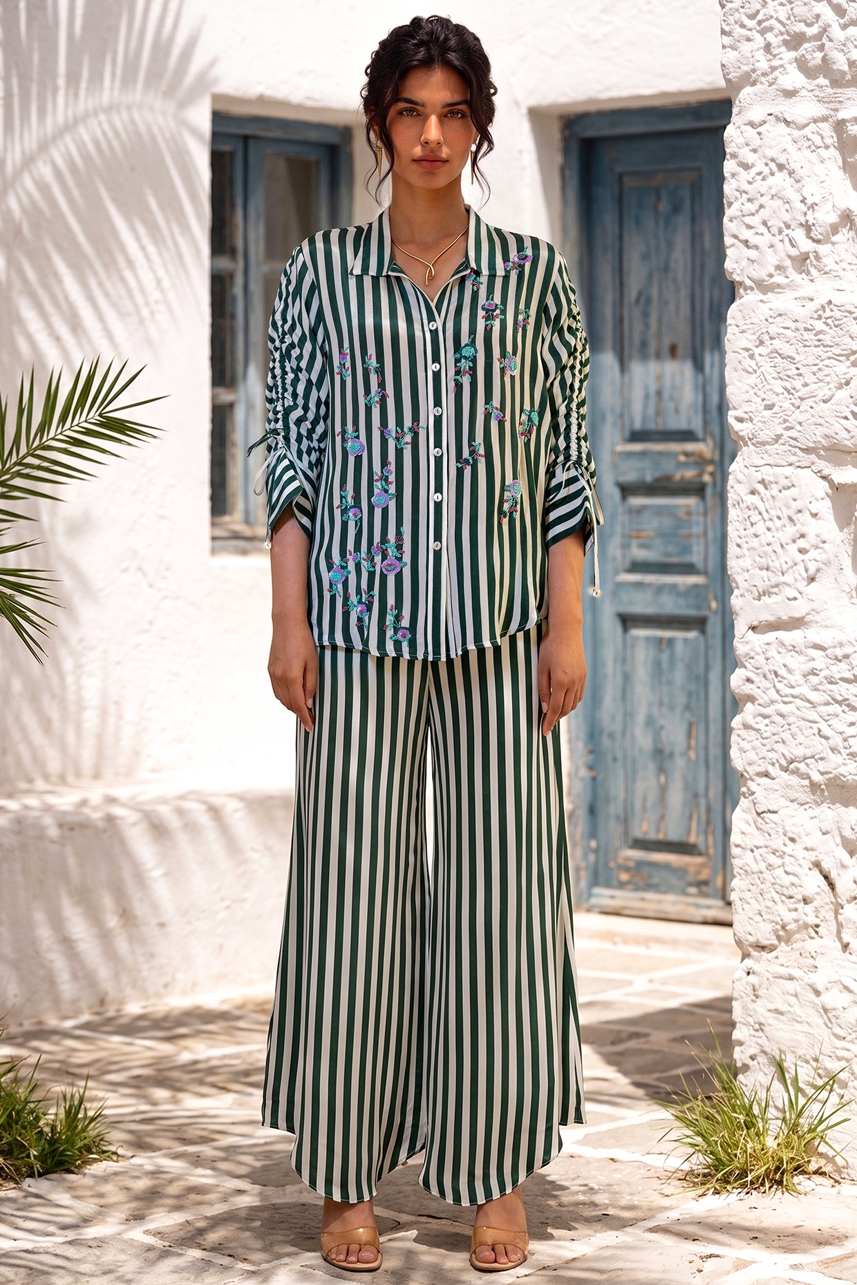 Nautanky By Nilesh Parashar Green & White Crepe Floral Embroidered Striped Co-Ord Set
