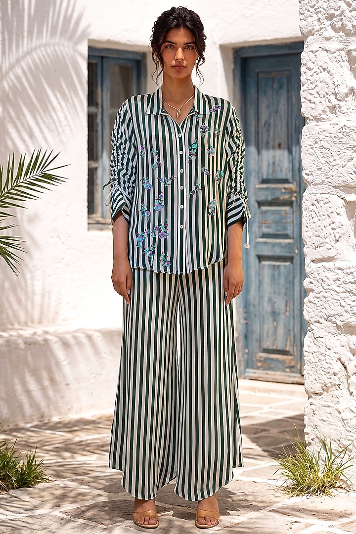 Green & White Crepe Floral Embroidered Striped Co-Ord Set by Nautanky By Nilesh Parashar at Pernia's Pop Up Shop