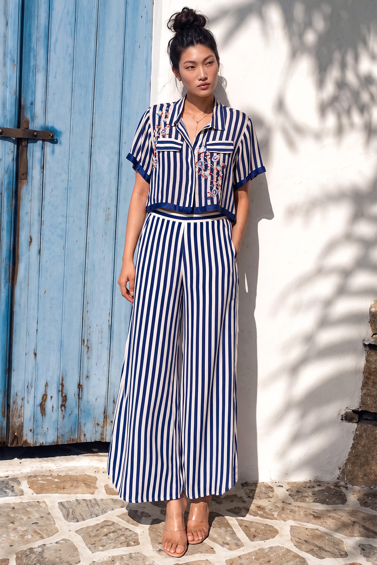 Nautanky By Nilesh Parashar Blue & White Crepe Floral Embroidered Co-Ord Set