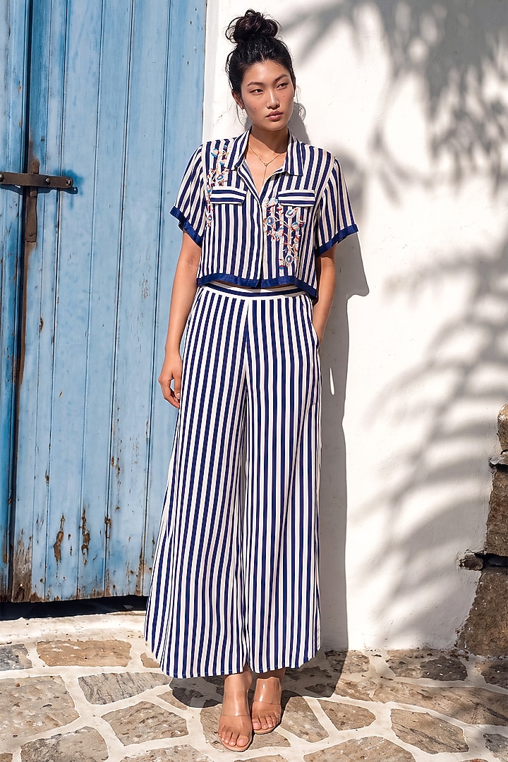 Blue & White Crepe Floral Embroidered Co-Ord Set by Nautanky By Nilesh Parashar at Pernia's Pop Up Shop