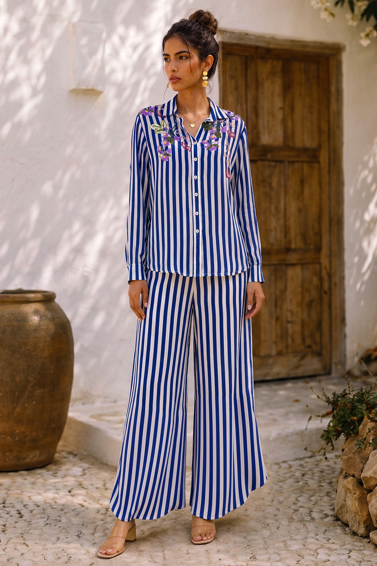 Nautanky By Nilesh Parashar Blue & White Crepe Floral Embroidered Co-Ord Set