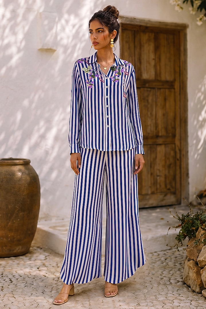 Blue & White Crepe Floral Embroidered Co-Ord Set by Nautanky By Nilesh Parashar at Pernia's Pop Up Shop