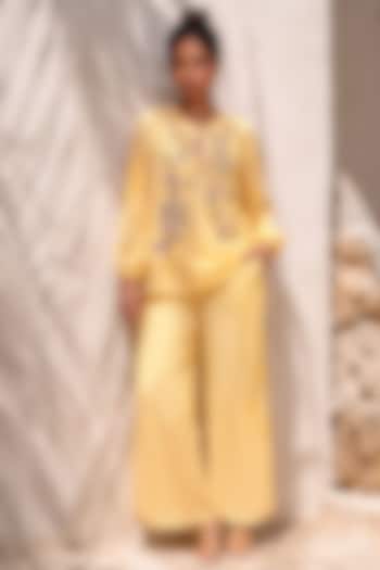Yellow & White Crepe Floral Embroidered Striped Co-Ord Set by Nautanky By Nilesh Parashar at Pernia's Pop Up Shop