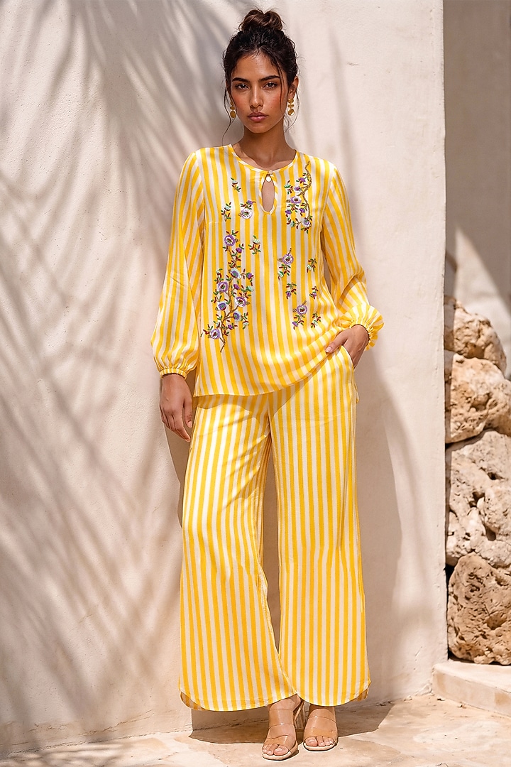 Yellow & White Crepe Floral Embroidered Striped Co-Ord Set by Nautanky By Nilesh Parashar at Pernia's Pop Up Shop