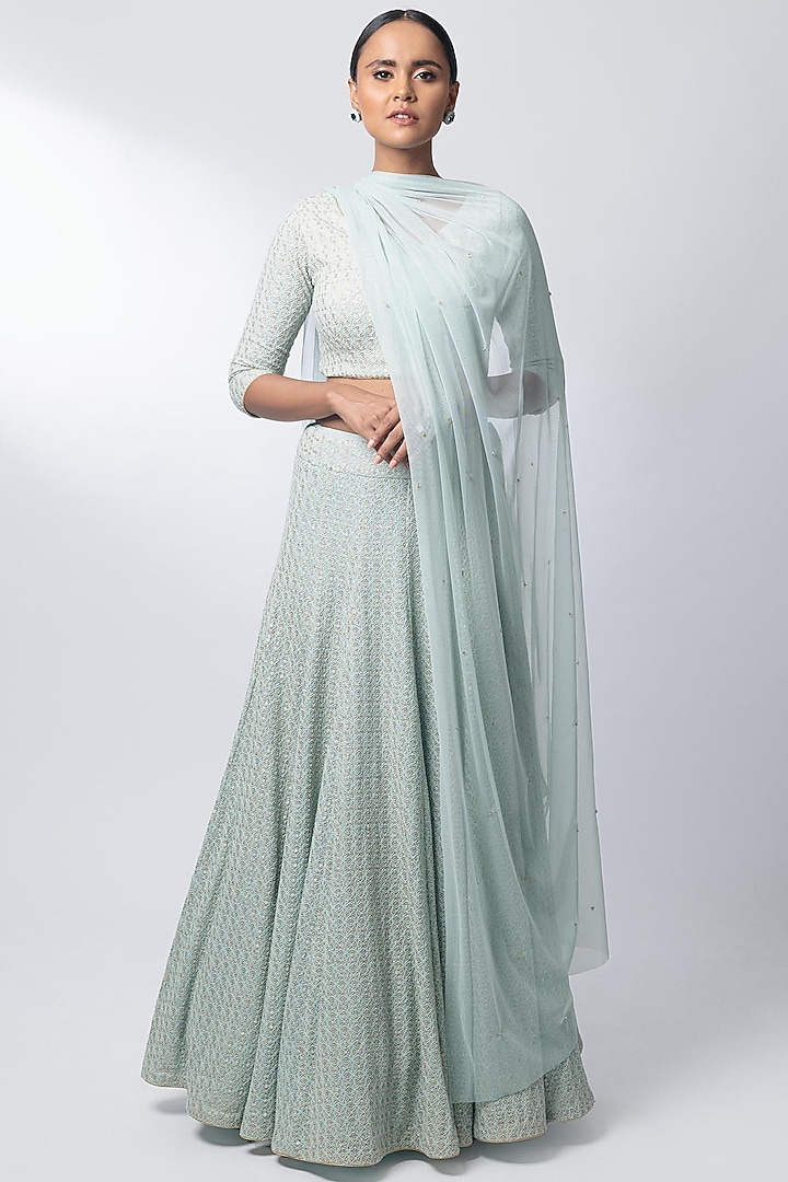 Pastel Blue Sequins Embroidered Wedding Lehenga Set by Nautanky By Nilesh Parashar at Pernia's Pop Up Shop