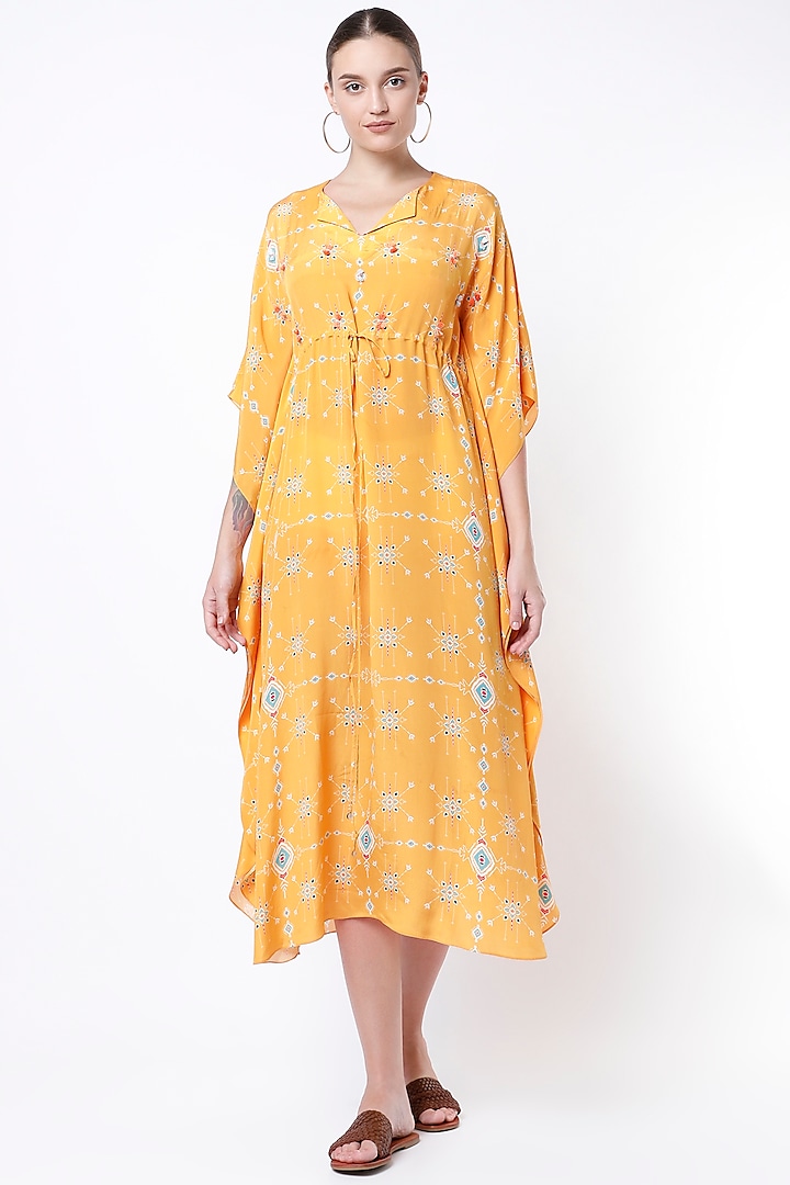 Orangish Yellow Printed Kaftan Dress by Nautanky By Nilesh Parashar
