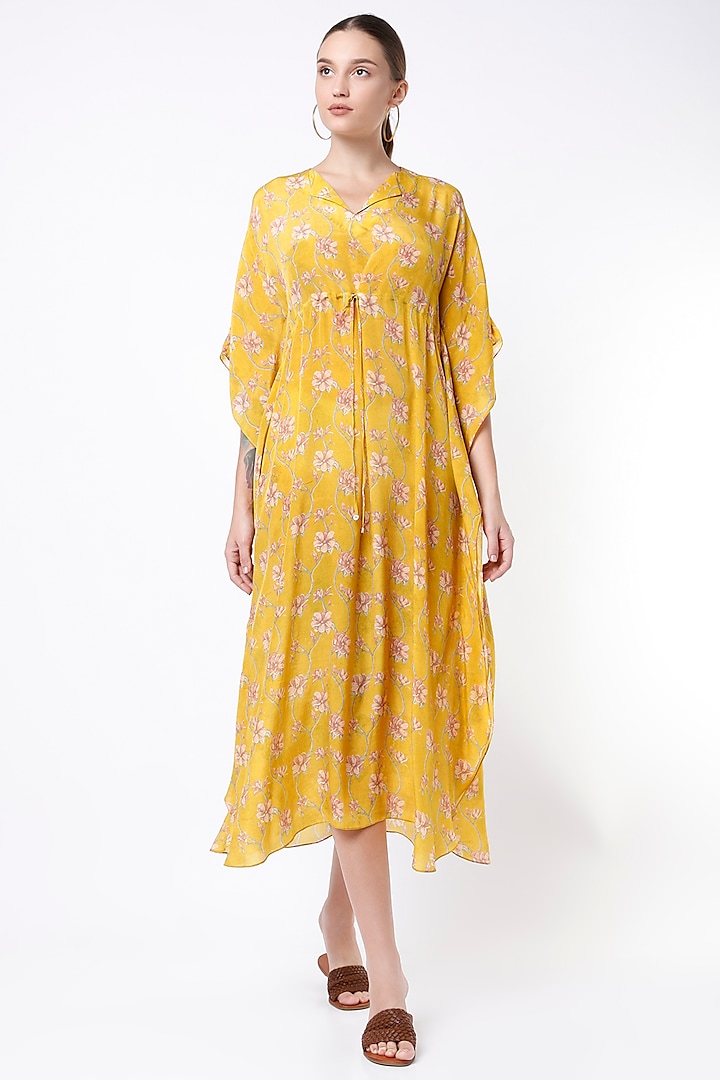 Citrus Yellow Printed Kaftan Dress by Nautanky By Nilesh Parashar