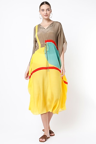 Brown & Yellow Printed Kaftan Dress by Nautanky By Nilesh Parashar