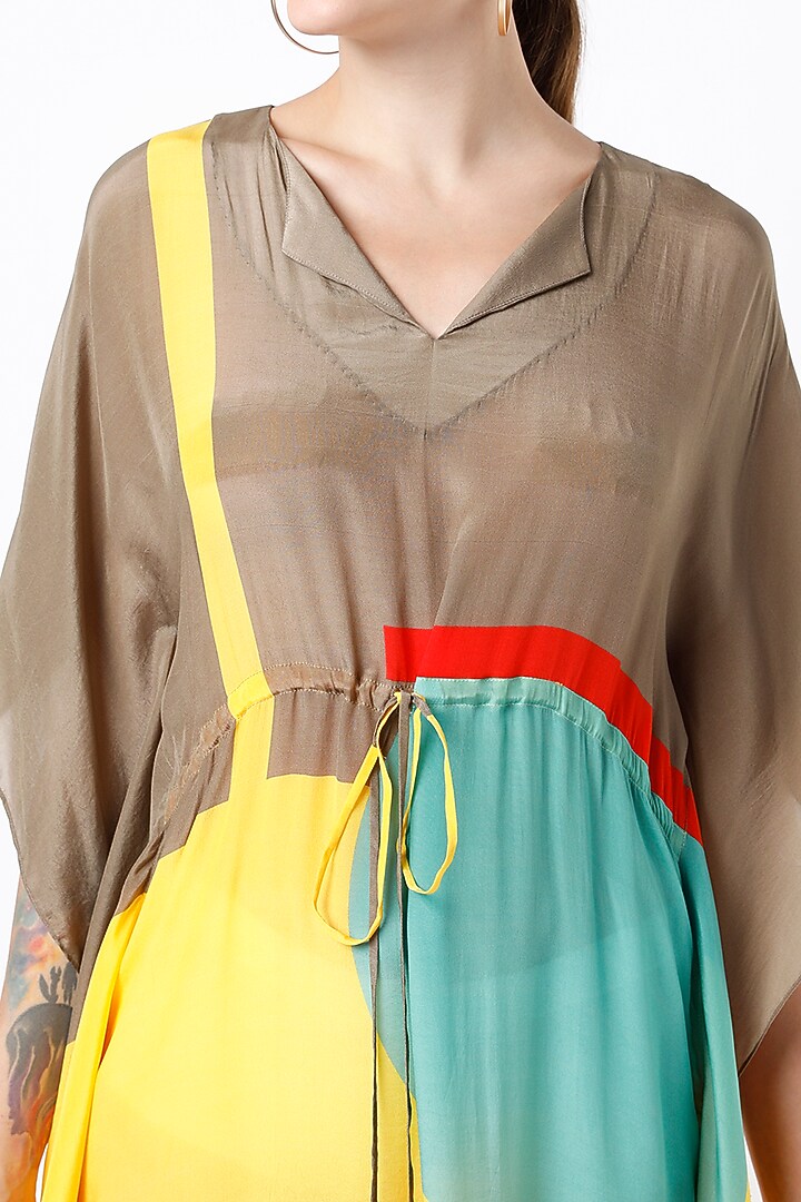 Brown & Yellow Printed Kaftan Dress by Nautanky By Nilesh Parashar at Pernia's Pop Up Shop