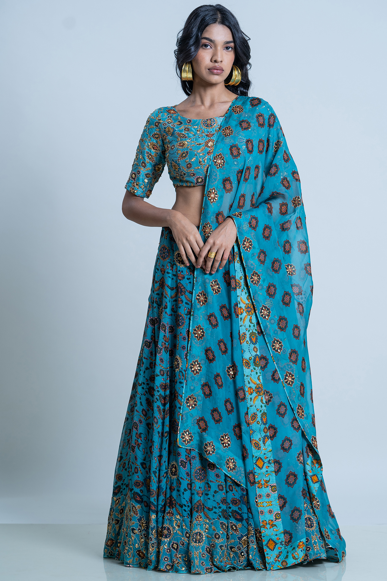 Blue Printed Wedding Lehenga Set by Nautanky By Nilesh Parashar at Pernia's Pop Up Shop