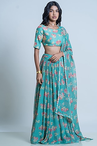 Mint Floral Printed Lehenga Set by Nautanky By Nilesh Parashar