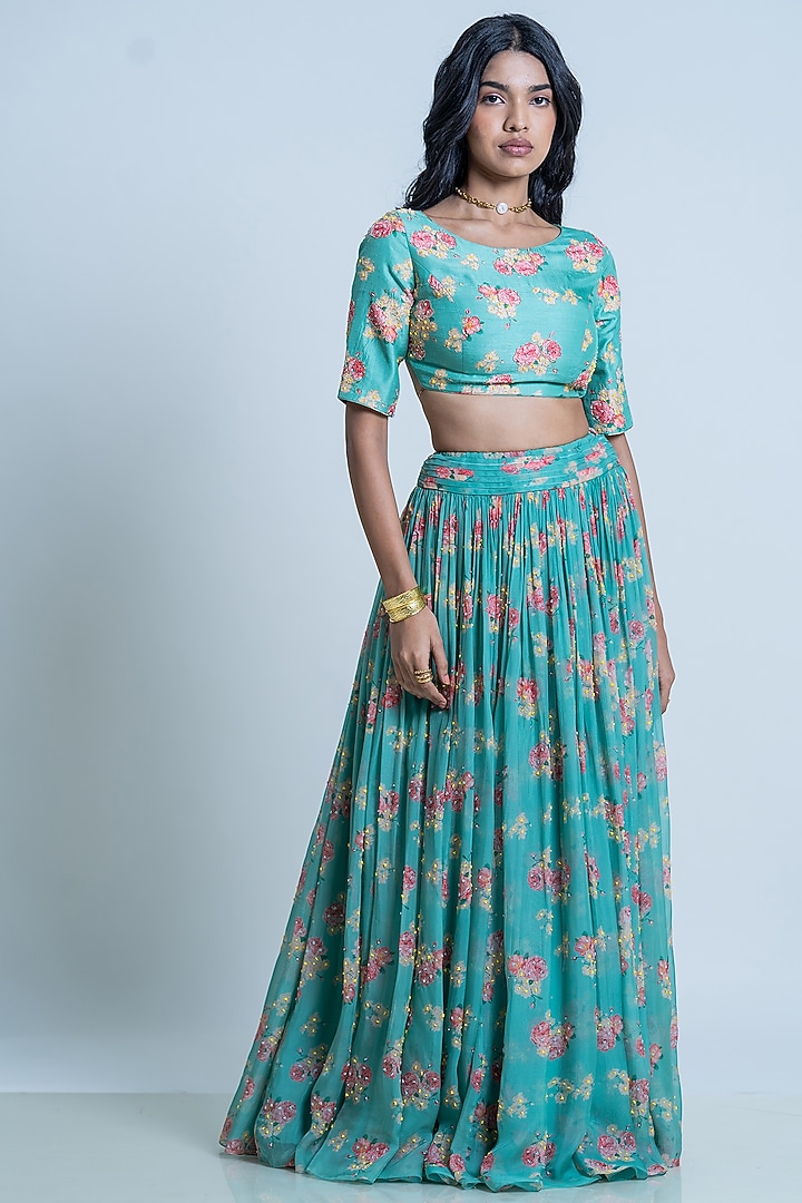 Mint Floral Printed Wedding Lehenga Set by Nautanky By Nilesh Parashar at Pernia's Pop Up Shop