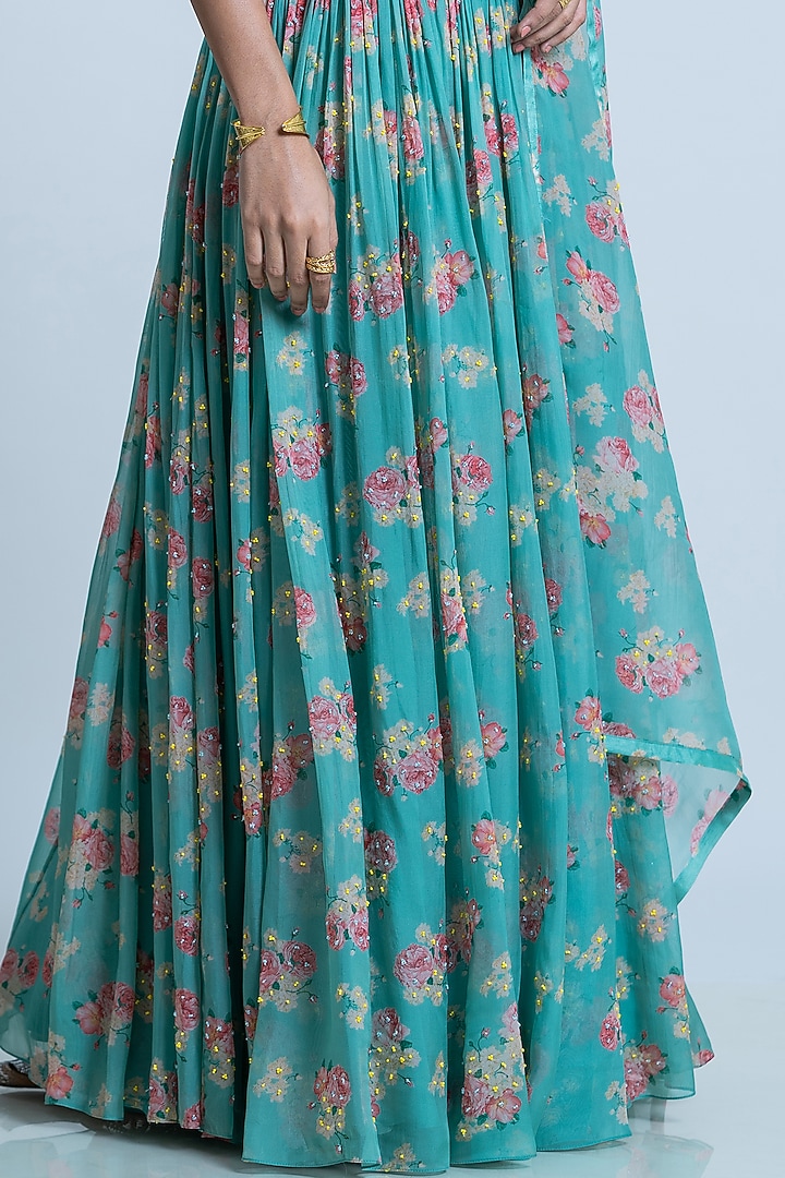 Mint Floral Printed Wedding Lehenga Set by Nautanky By Nilesh Parashar at Pernia's Pop Up Shop
