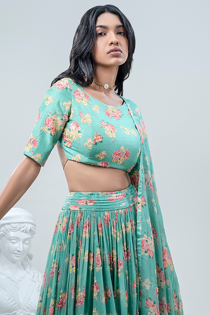 Mint Floral Printed Wedding Lehenga Set by Nautanky By Nilesh Parashar at Pernia's Pop Up Shop