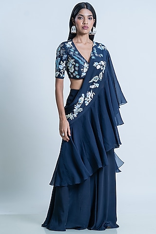 Indigo Jaal Printed Sharara Set With Draped Dupatta by Nautanky By Nilesh Parashar