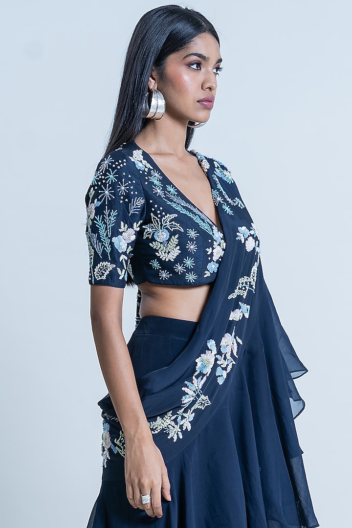Indigo Jaal Printed Wedding Sharara Set With Draped Dupatta by Nautanky By Nilesh Parashar at Pernia's Pop Up Shop