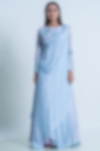 Ice Blue Chiffon Draped Skirt Set by Nautanky By Nilesh Parashar