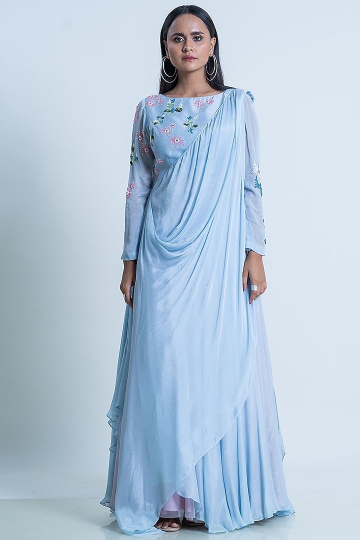 Ice Blue Chiffon Draped Skirt Set by Nautanky By Nilesh Parashar